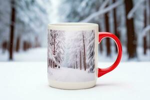 Decorated christmas coffee mug with winter forest landscape and snow. photo