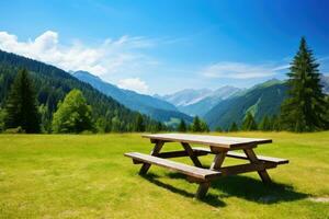 Picnic bench in the mountains photo