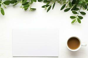 Office desk table with keyboard and coffee cup. Top view with copy space. Generative AI photo