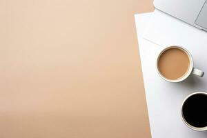 Office desk table with keyboard and coffee cup. Top view with copy space. Generative AI photo