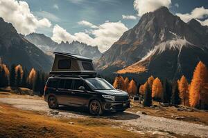 Camping in the mountains. Caravan car on the background of mountains. Generative AI photo
