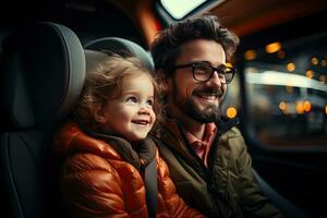 happy father and daughter looking at camera while sitting in backseat of car. Generative AI photo