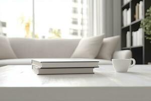 Close - up Modern white table top with free space to edit your product display with books above the living room blurred in the background. Generative AI photo