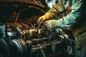 Close-up of mechanic hands repairing car engine in auto repair shop. Generative AI photo