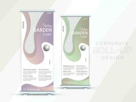 Pro Vector Modern minimal Lawn Roll Up Banner Design Stand Template in multiple eye catching colors for gardening.