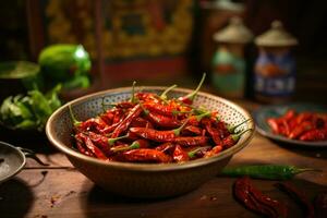 rojo chile pimientos en un cuenco en el mesa. generativo ai foto