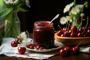 Cherry jam with fresh fruit. Generative AI photo