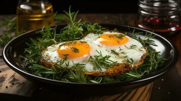 Fresh gourmet meal fried egg on plate. photo