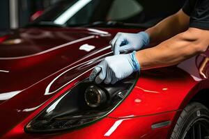 Close up of a auto body mechanic buffing a scratch on sports car. Generative AI photo