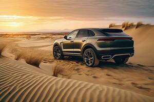 luxury car on sand dunes. Generative AI photo