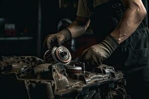 profesional mecánico trabajando en auto reparar tienda. coche Servicio y mantenimiento concepto. generativo ai foto