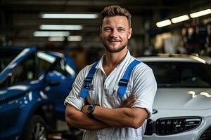 Technician, male auto mechanic in coverall in modern auto repair shop, garage. Generative AI photo