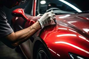 Close up of a auto body mechanic buffing a scratch on sports car. Generative AI photo