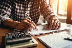 Accounting Calculating Mathematic Economic Finance Concept.Businessman using calculator and writing financial report in office. Generative AI photo
