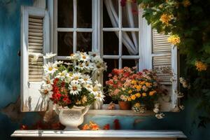 Window with beautiful blooming flowers photo
