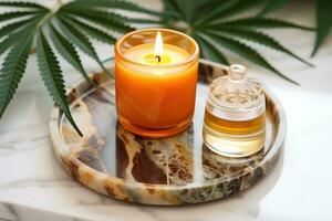 Burning scented candle in a glass jar. photo