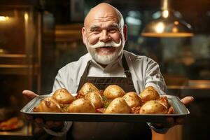 Chef holding a tray full of baked potatoes inside a kitchen. photo