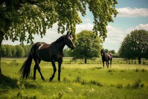 Horse ranch with green landscape photo