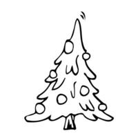 Doodle christmas tree. Simple hand drawn decorated christmas tree. Vector illustration. Isolated on white.