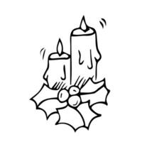 Candles and holly - vector linear illustration for coloring. Outline. Pair of candles and holly evergreen symbol of Christmas for coloring.