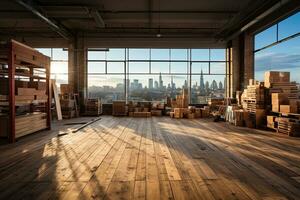 Interior of modern loft with wooden floor and panoramic city view. Generative AI photo