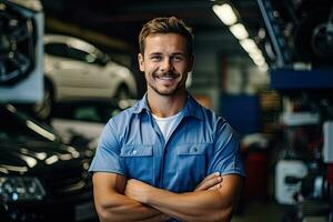 Technician, male auto mechanic in coverall in modern auto repair shop, garage. Generative AI photo