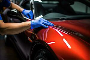 Close up of a auto body mechanic buffing a scratch on sports car. Generative AI photo
