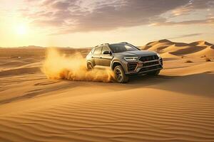 luxury car on sand dunes. Generative AI photo