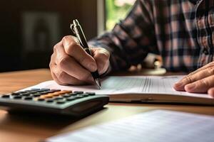 Accounting Calculating Mathematic Economic Finance Concept.Businessman using calculator and writing financial report in office. Generative AI photo