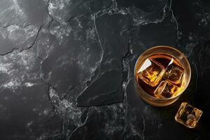 Whiskey with ice cubes on black marble background, top view.  Generative AI photo