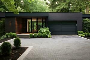 Garage door with a driveway in front. photo