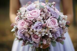 Boda ramo de flores en el manos de el novia. foto