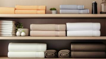 Shelf with towels at hotel spa. photo