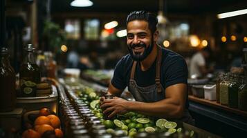 Bartender working at counter on bar space. photo