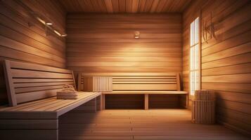 Finnish sauna with wooden relaxing resting benches. photo