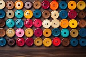 Collection of different multi colored buttons on wood photo