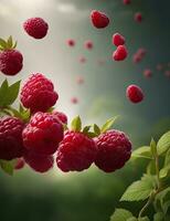 Falling raspberries with green leaves on blurred nature background. AI generated. photo