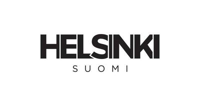 Helsinki in the Finland emblem. The design features a geometric style, vector illustration with bold typography in a modern font. The graphic slogan lettering.