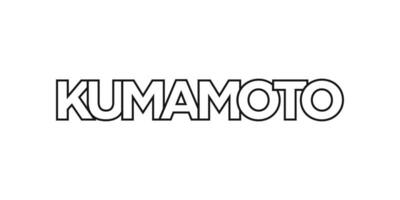 Kumamoto in the Japan emblem. The design features a geometric style, vector illustration with bold typography in a modern font. The graphic slogan lettering.