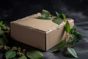 Eco concept with green leaves sprout growing in cardboard box from craft paper. Eco, zero waste, plastic free and saving energy, sustainable lifestyle, renewable energy. AI generated illustration. photo