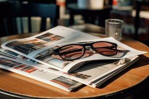 Magazines on table with eyeglasses. photo