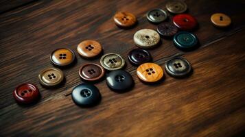 Collection of different multi colored buttons on wood photo