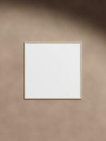 Wooden square frame mockup on cement wall. Poster mockup. Clean, modern, minimal frame. Empty frame Indoor interior, show text or product photo