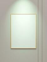 Minimal wooden vertical picture poster frame mockup on white wallpaper with spotlight photo