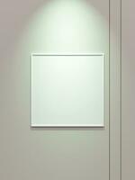 Minimal white square picture poster frame mockup on white wallpaper with spotlight photo