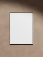 Black vertical frame mockup on cement wall. Poster mockup. Clean, modern, minimal frame. Empty frame Indoor interior, show text or product photo