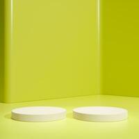 Yellow podium cylinder stand abstract stage platform or product studio geometric shape on minimal background and blank pedestal display scene space with empty presentation summer sale step backdrop. photo