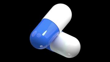 3d white and blue pill. 3d rendering capsule pill. Blue medical pill. Seamless and looped animation. Transparent background with alpha channel video