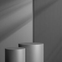 Elegant black cylinder stand for product placement mockup. Darkmetal podium exhibition scene background. Minimal platform showroom with shadow. photo