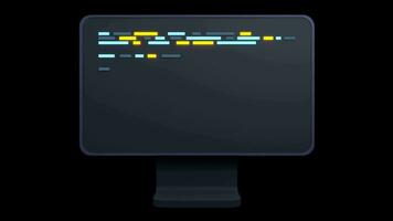 Computer Programmierung oder Entwicklung Software Animation. 3d Rendern von eben Monitor. Codierung 3d machen. 3d Computer Monitor. transparent Hintergrund mit Alpha Kanal video